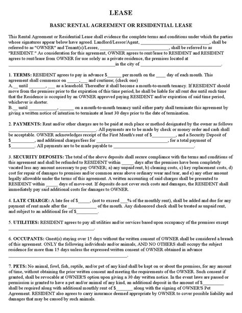 free printable residential lease agreement template